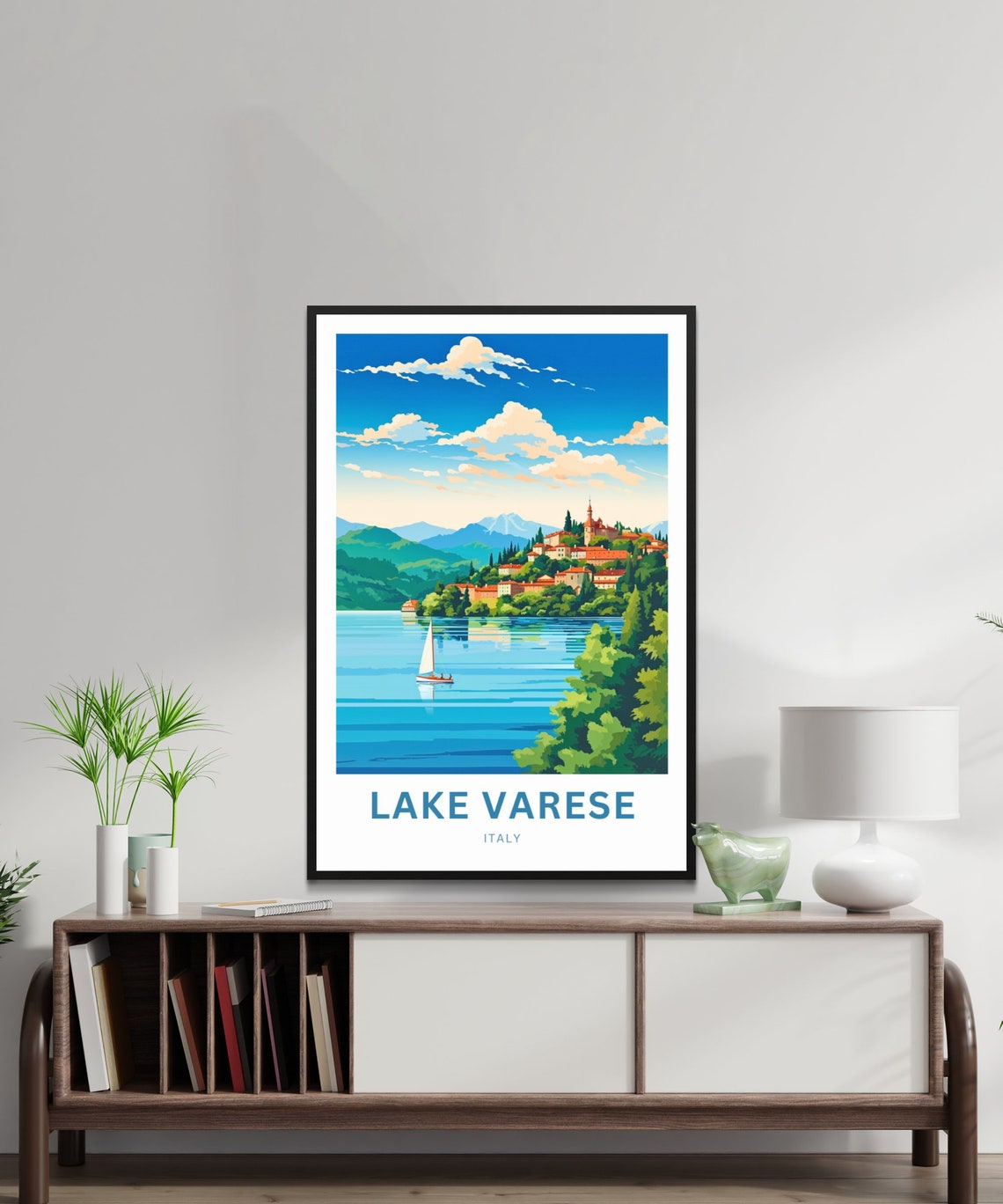 Lake Varese Italy Scenic Hillside Town Sailboat Travel Poster - Image 2