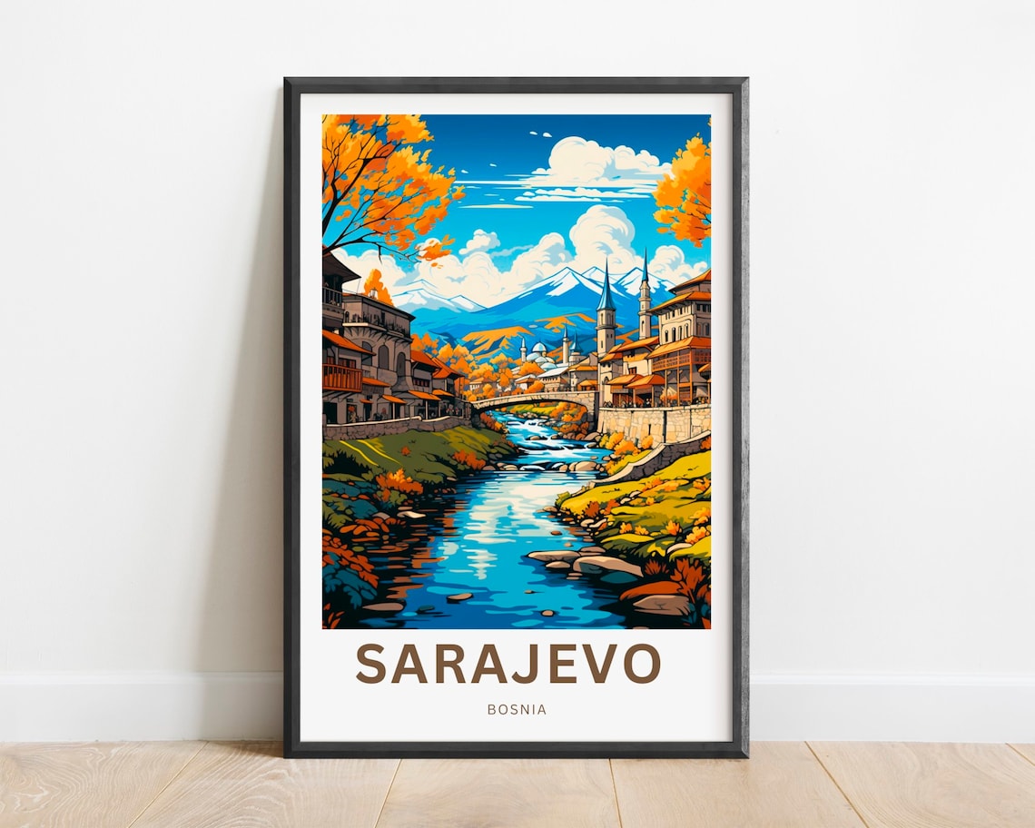 Sarajevo Bosnia Old Town River Autumn Mountains Travel Poster