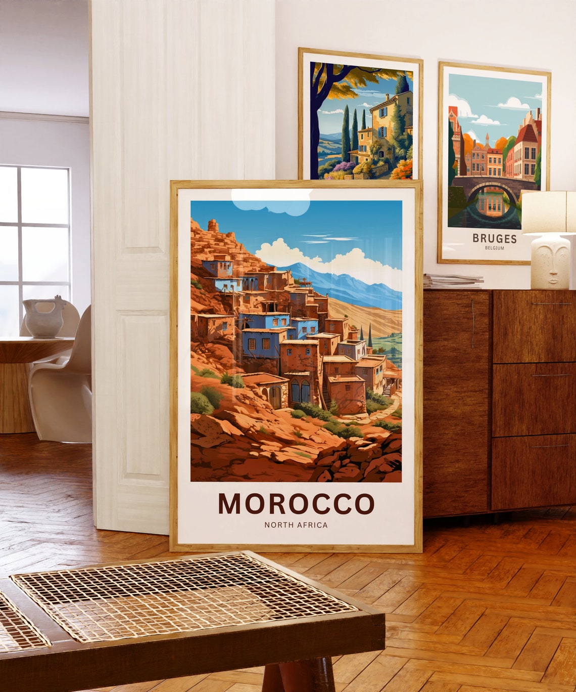 Morocco Blue Painted Village Red Rock Mountains Sunset Poster - Image 5
