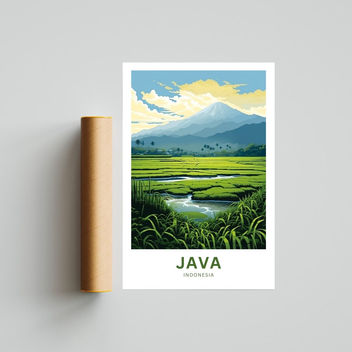 Java Indonesia Rice Paddy Mountain Green Fields Vintage Travel Poster - Image 4