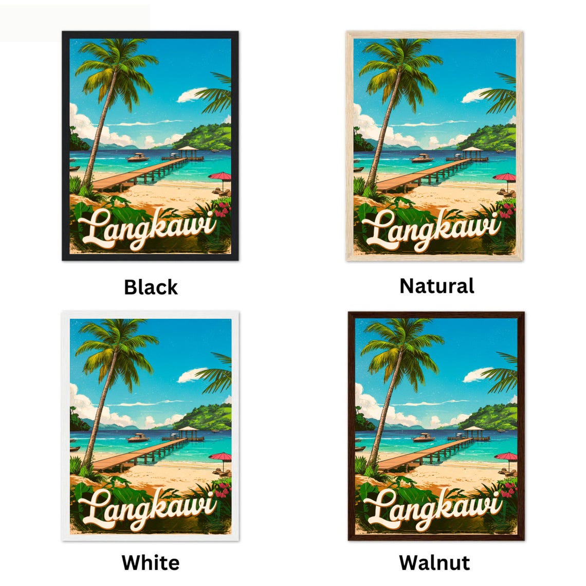 Langkawi Malaysia Vintage Beach Travel Poster Palm Tree and Pier - Image 4