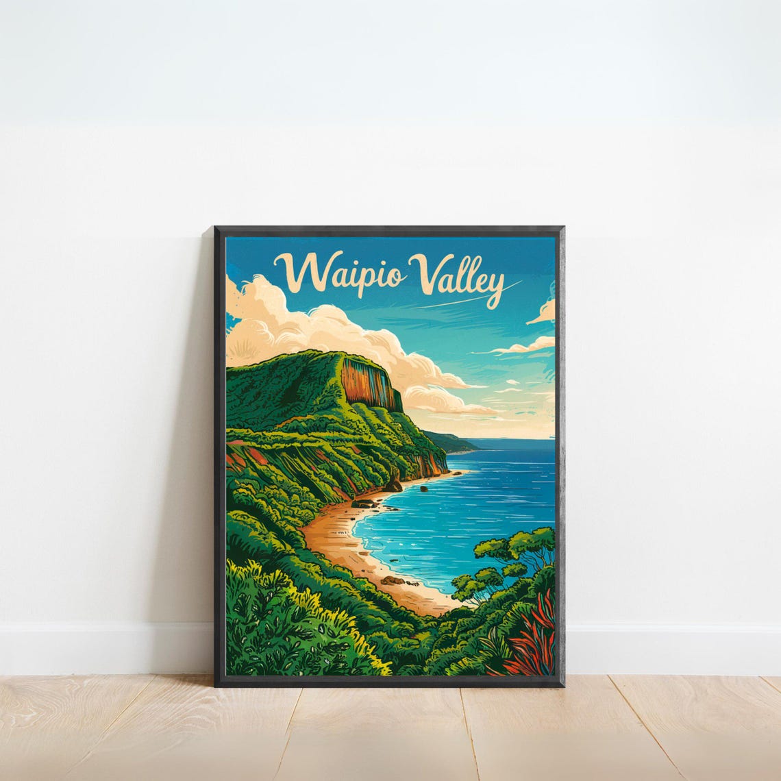 Waipio Valley Vintage Script Green Cliffs Beach Hawaii Travel Poster