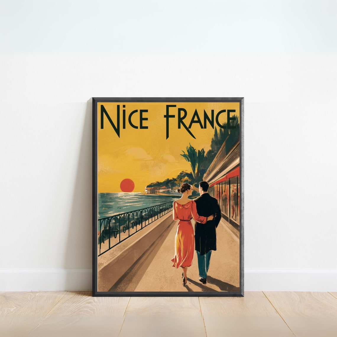 Nice France Art Deco Couple Strolling Sunset Promenade Poster
