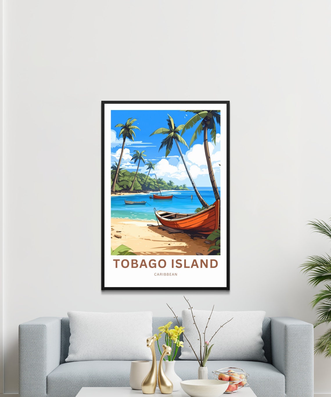 Tobago Island Caribbean Beach Orange Rowboat Tropical Travel Poster - Image 3