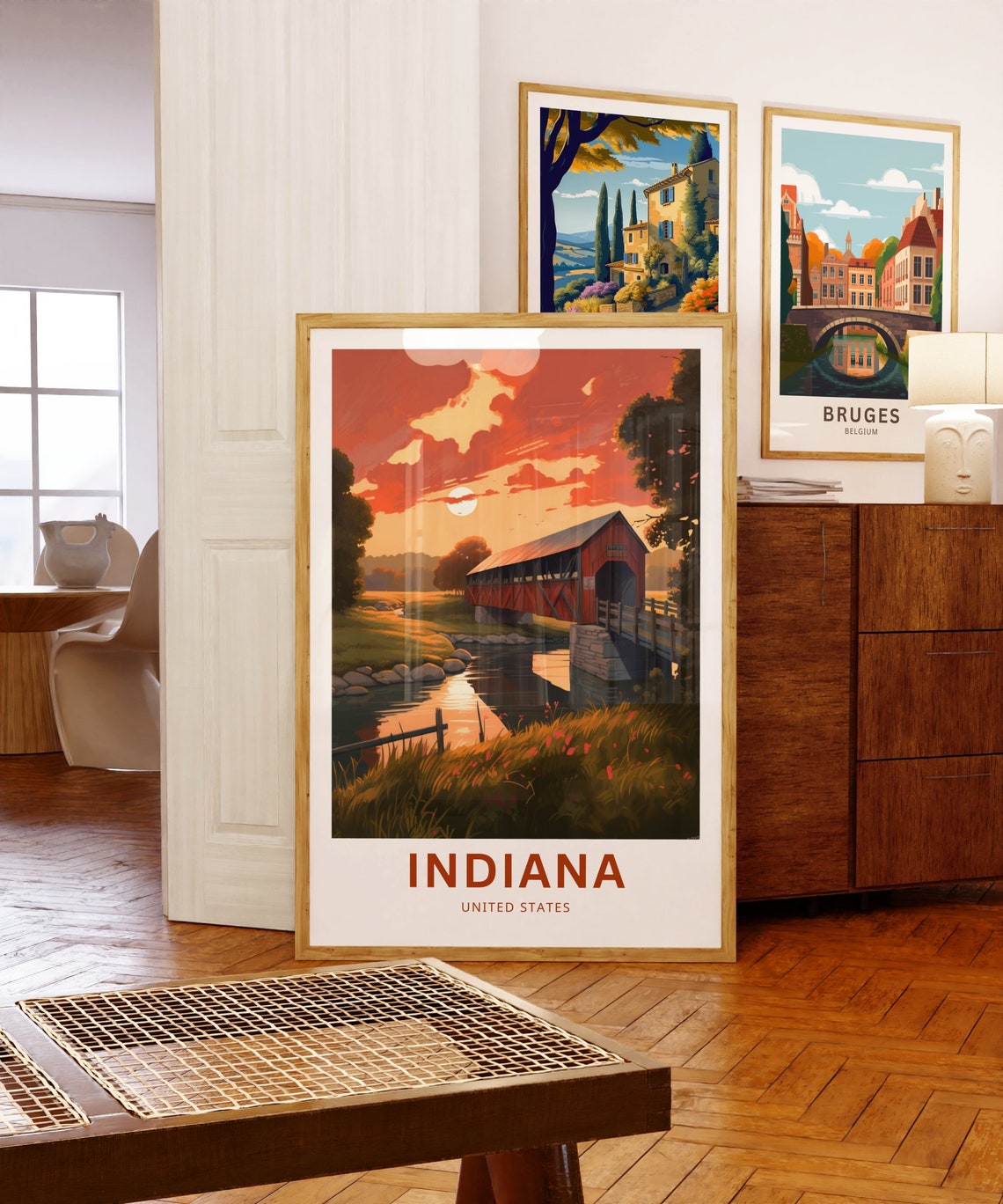 Indiana Covered Bridge Sunset Creek Vintage Travel Poster USA - Image 5