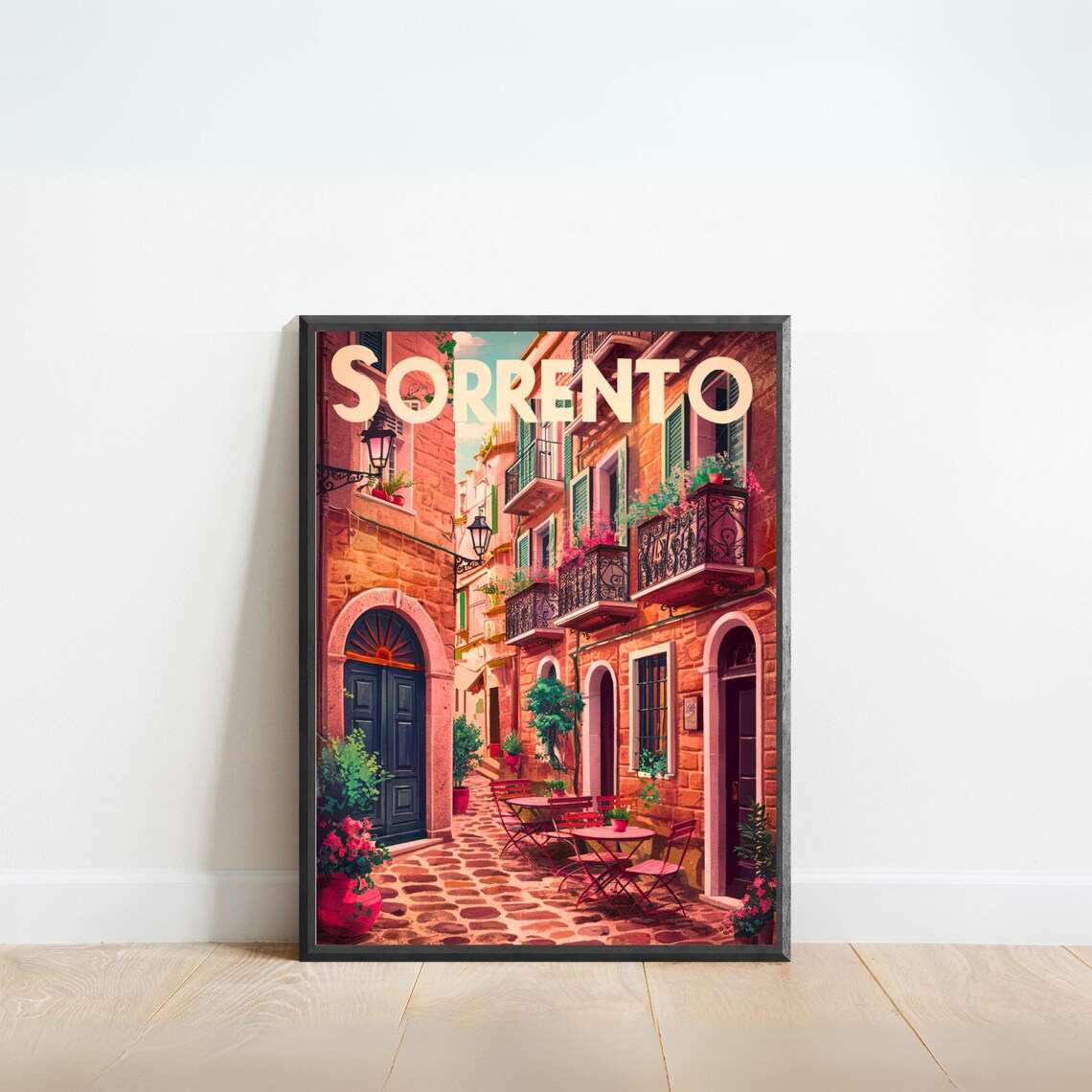 Sorrento Italy Cobblestone Old Town Cafe Street Vintage Travel Poster