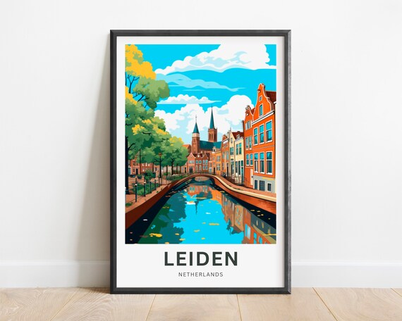 Leiden Netherlands Dutch Canal Gabled Houses Autumn Travel Poster