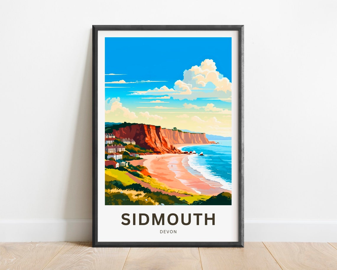 Sidmouth Devon Towering Red Cliffs Pastel Beach and Houses Poster