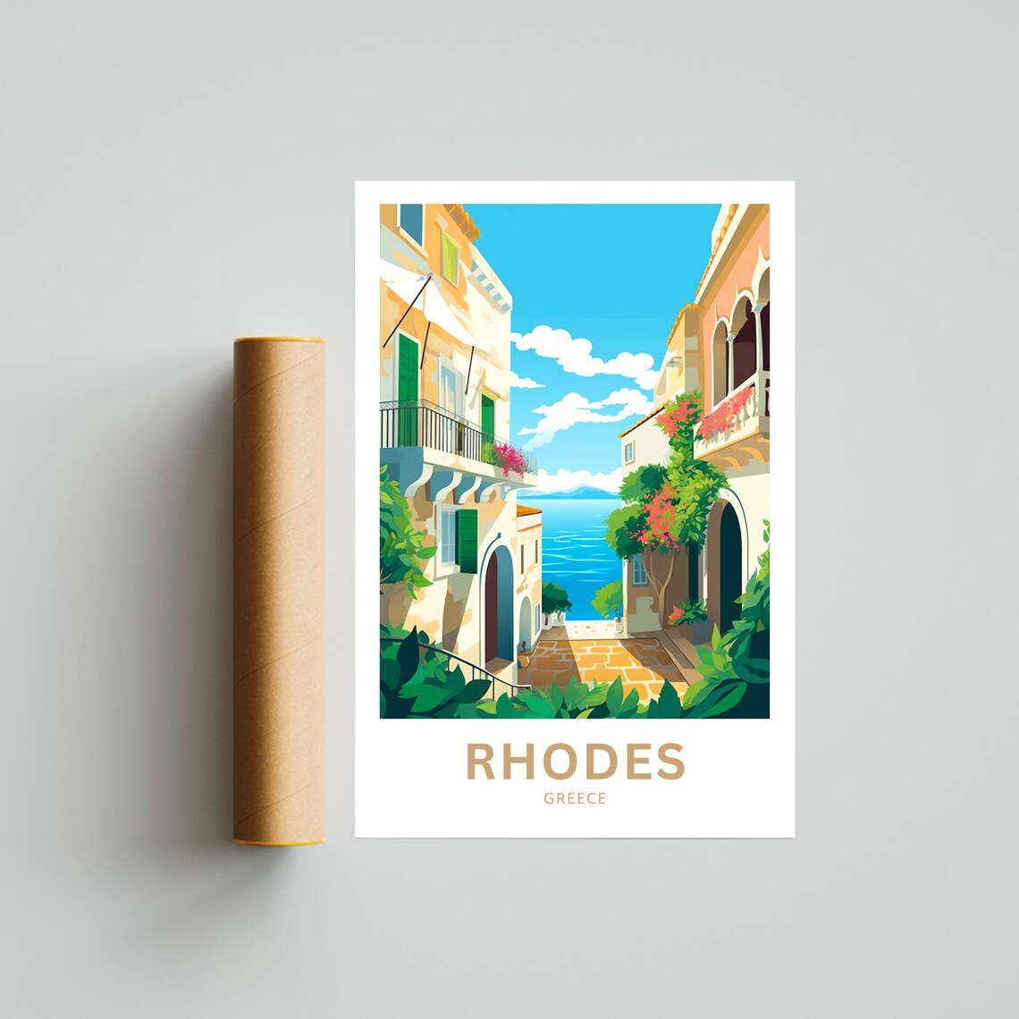 Rhodes Greece Old Town Street Sea View Flower Alley Travel Poster - Image 4