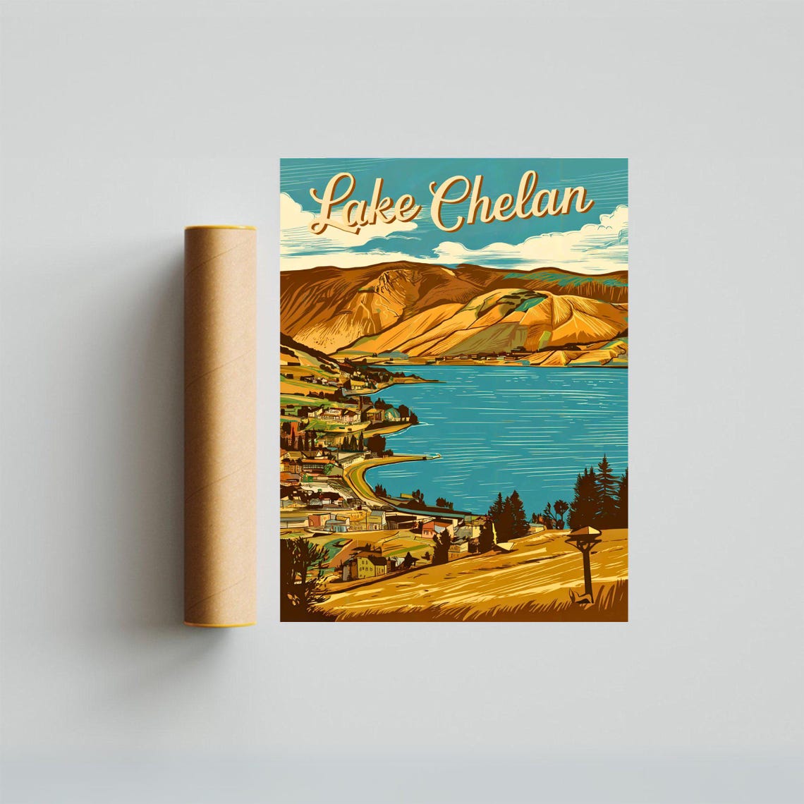 Lake Chelan Vintage Travel Poster Washington Beach Day With Boat Art - Image 4