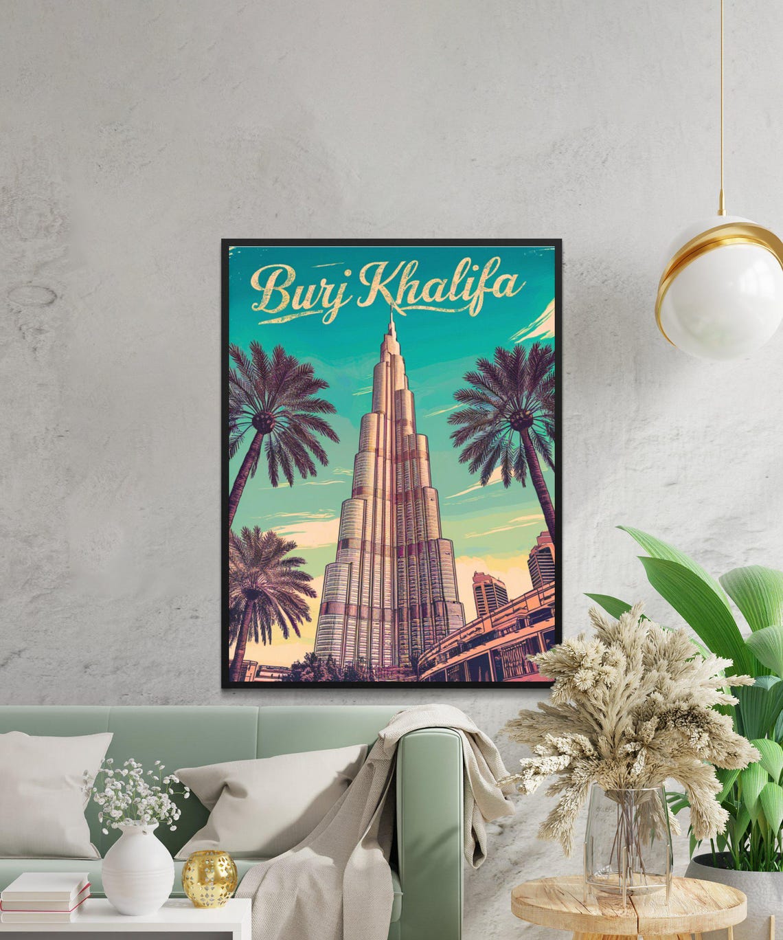 Burj Khalifa Dubai Vintage Tower Palms Skyline Retro Travel Poster - Image 3