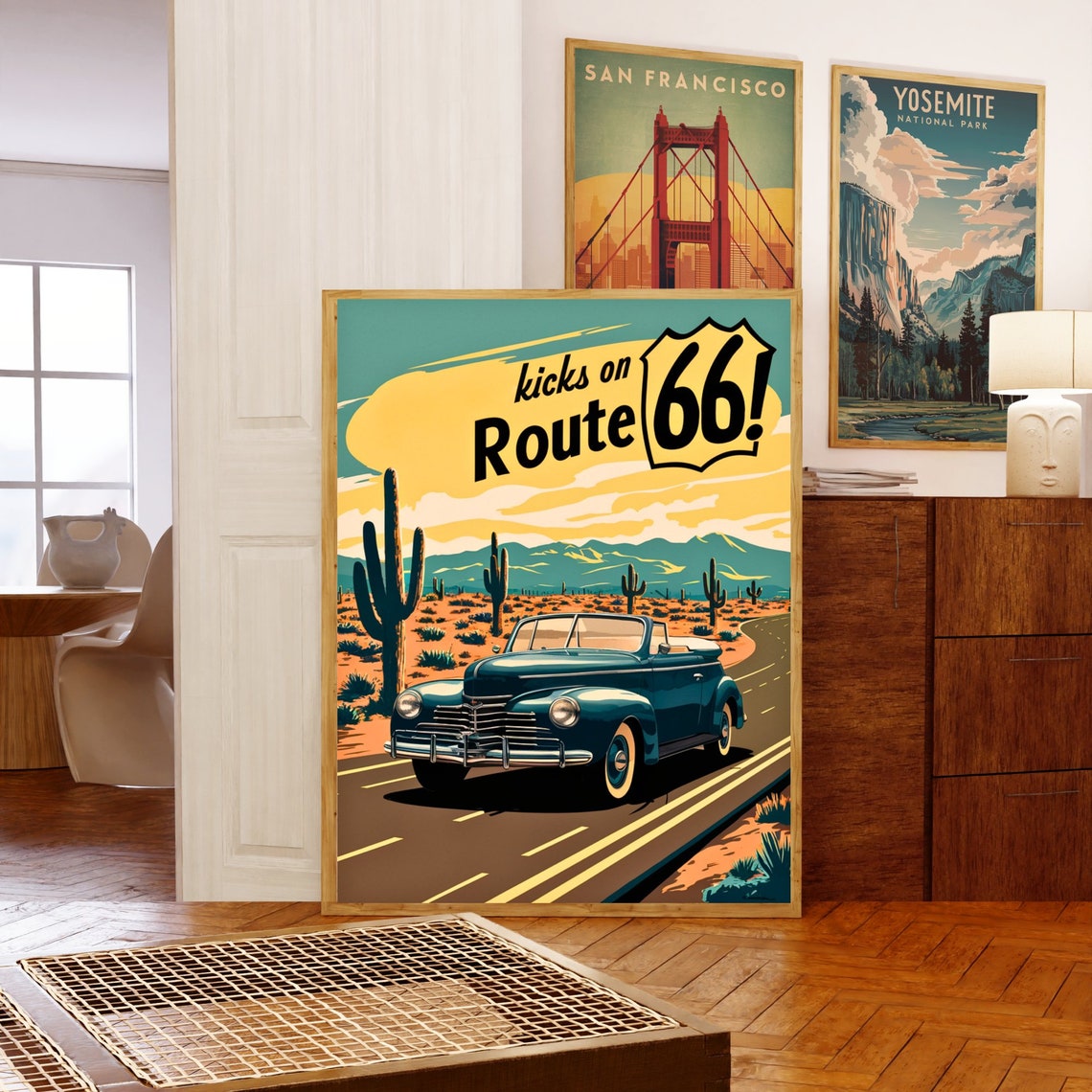 Kicks on Route 66 Desert Highway Classic Car Vintage Travel Poster - Image 5