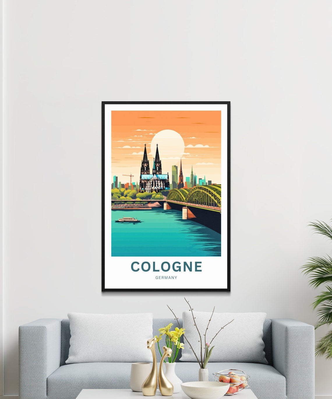 Cologne Germany Cathedral Sunset River Reflection View Poster - Image 3