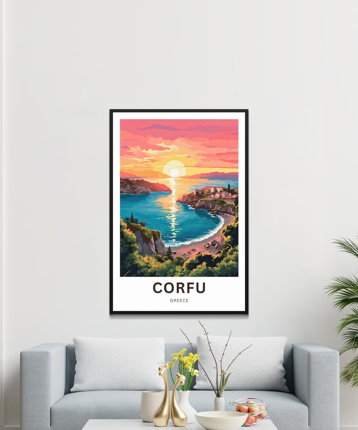 Corfu Greece Pink Sunset Coastal Harbor Personalized Island Poster - Image 3