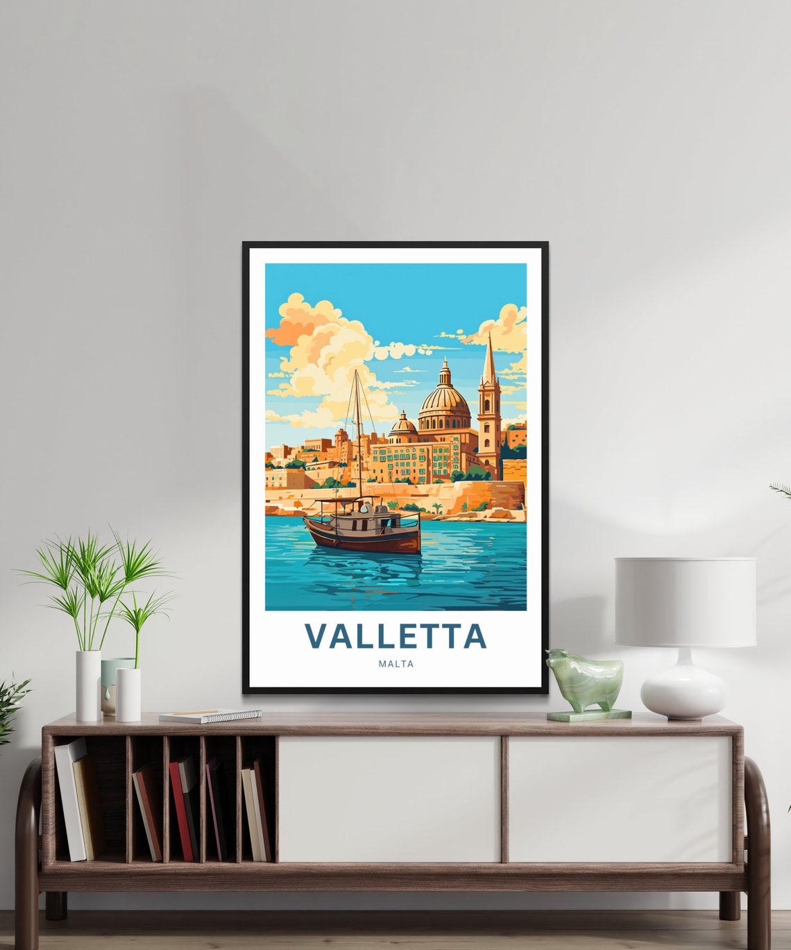 Valletta Malta Harbor Basilica Dome Boat Scene Travel Poster - Image 2