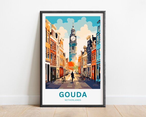 Gouda Netherlands Clock Tower Bicycles Old Town Travel Poster