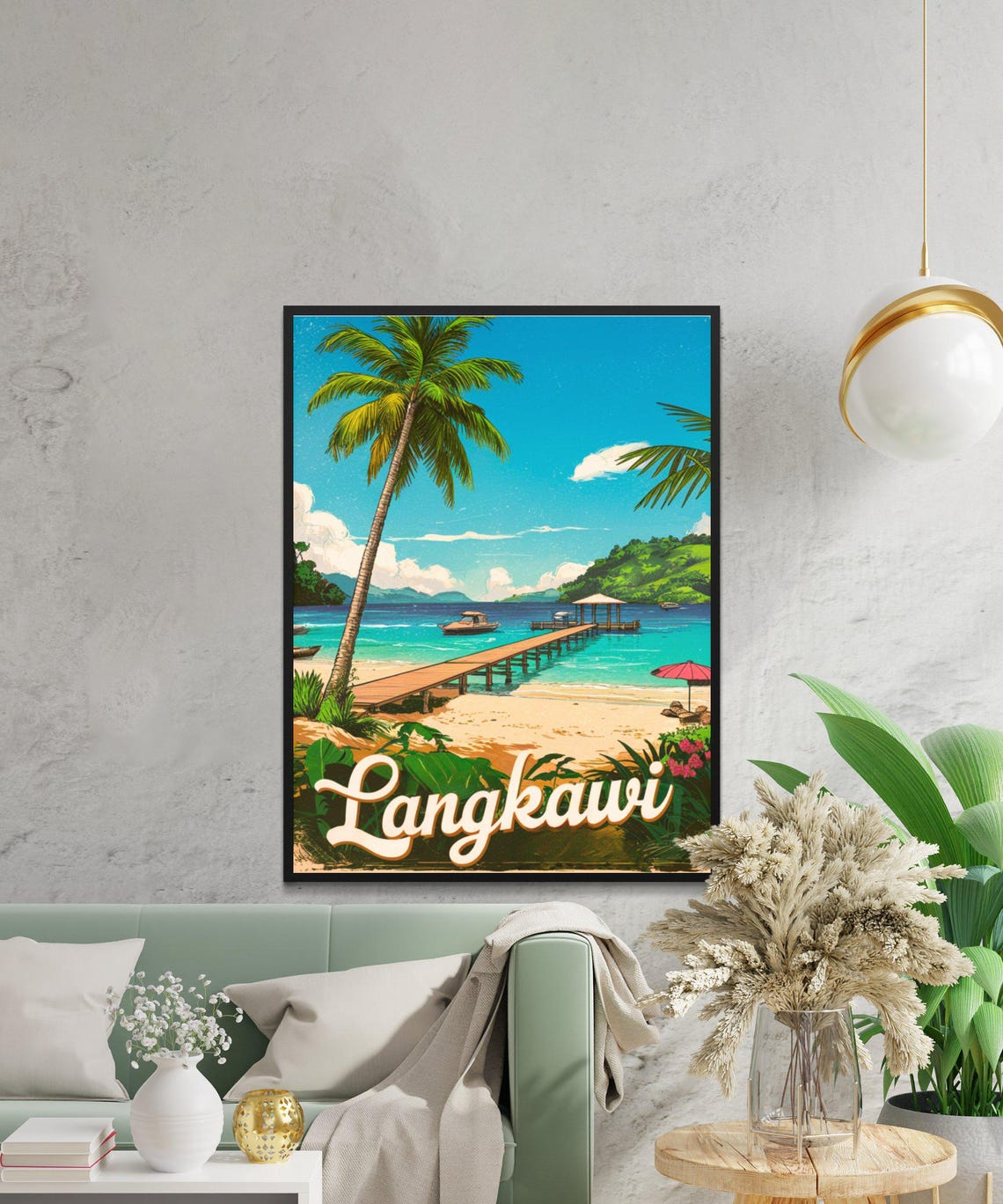 Langkawi Malaysia Vintage Beach Travel Poster Palm Tree and Pier - Image 2