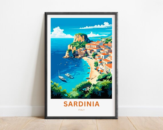 Sardinia Italy Cliffside Village Turquoise Bay Rock Beach Coast Poster