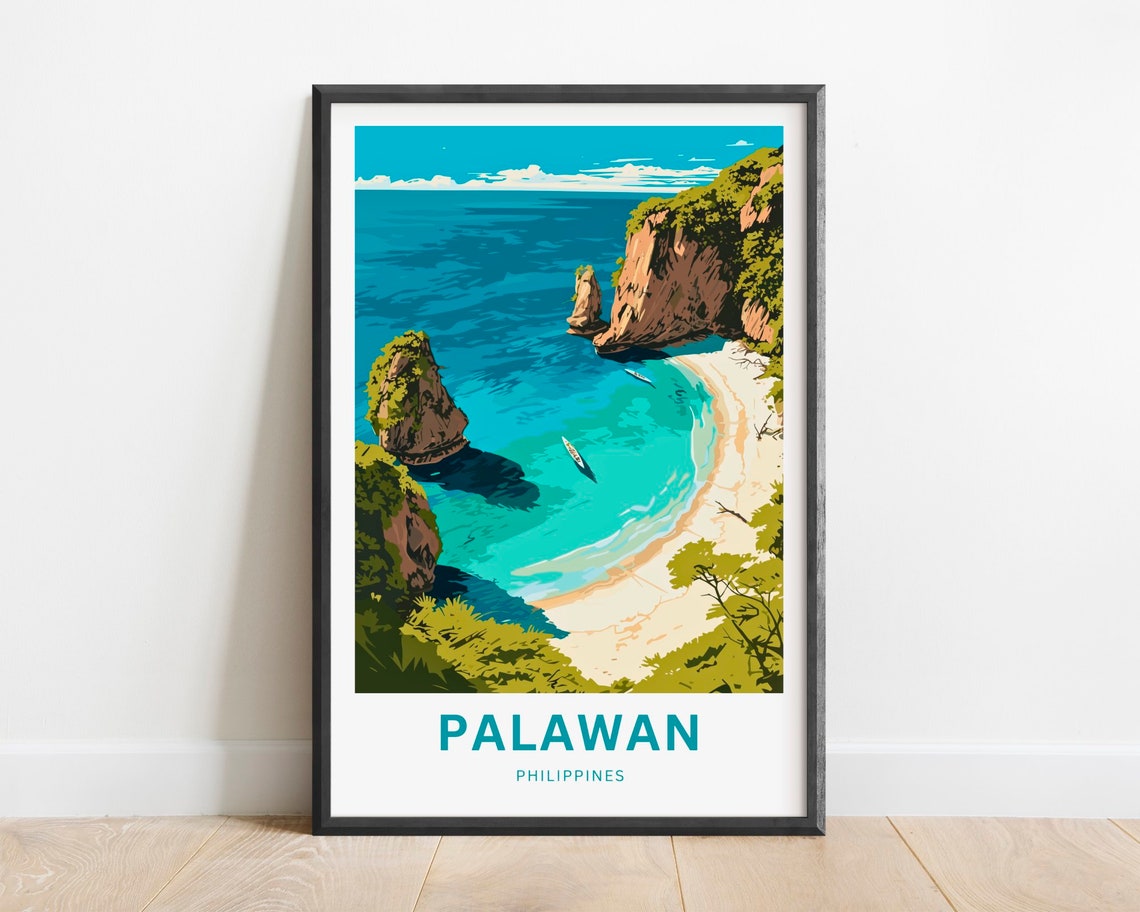 Palawan Philippines Travel Poster Turquoise Cove Sea Stacks Aerial Art
