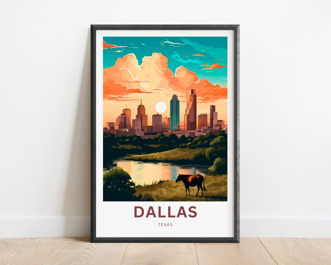 Dallas Texas Skyline Horse Pasture Sunset Cityscape Travel Poster