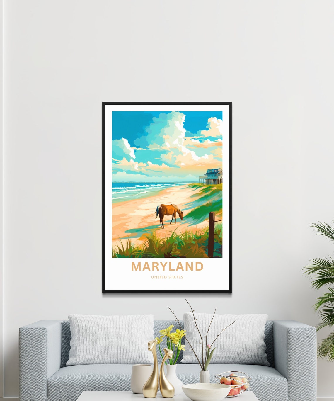 Maryland Personalized Travel Poster with Wild Horse on Beach Dunes - Image 3