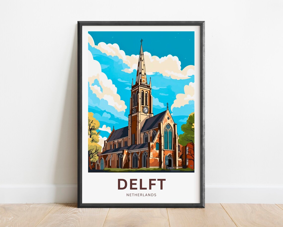 Delft Netherlands Historic Church Tall Spire Skyline Travel Poster