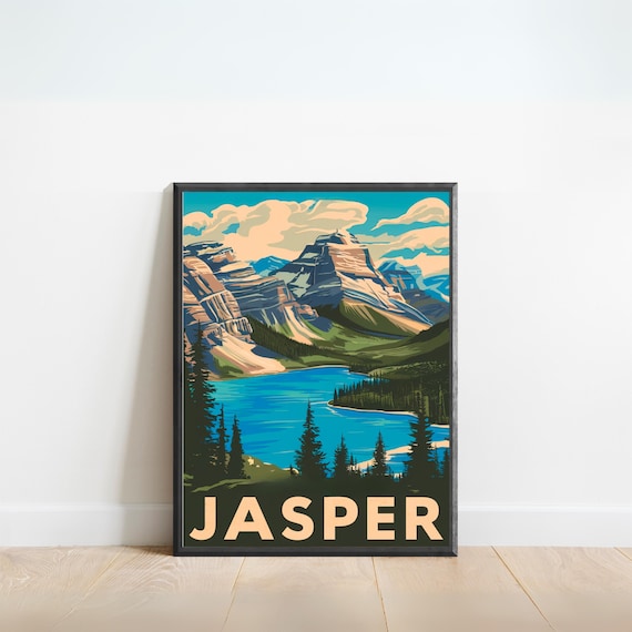 Jasper Canada Vintage Alpine Lake Mountain Peak Forest Poster