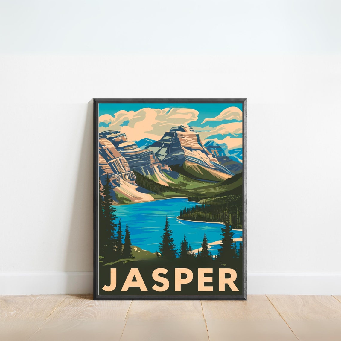 Jasper Canada Vintage Alpine Lake Mountain Peak Forest Poster