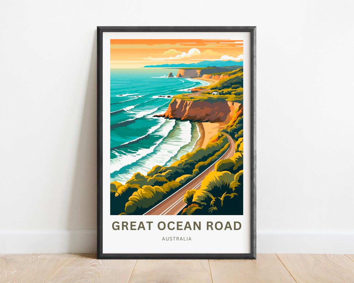 Great Ocean Road Australia Travel Poster with Coastal Cliff Sunset