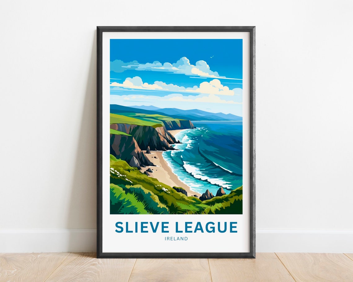 Slieve League Ireland Dramatic Cliff Beach Ocean Waves Travel Poster