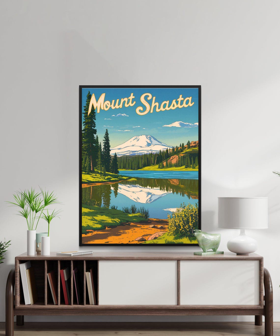 Mount Shasta California Lake Reflection Pine Forest Travel Poster - Image 2