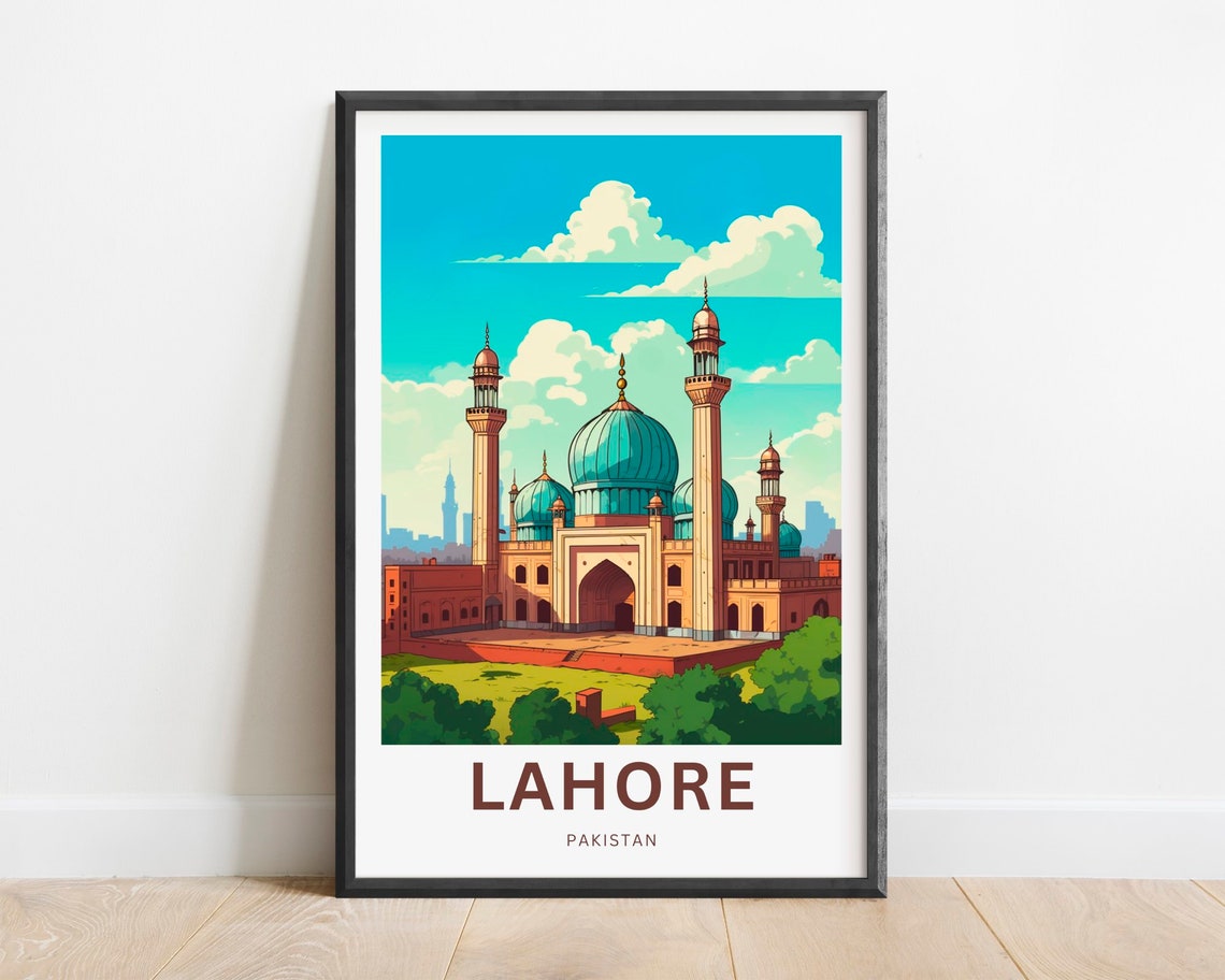 Lahore Pakistan Travel Poster Badshahi Mosque Domes Minarets Art