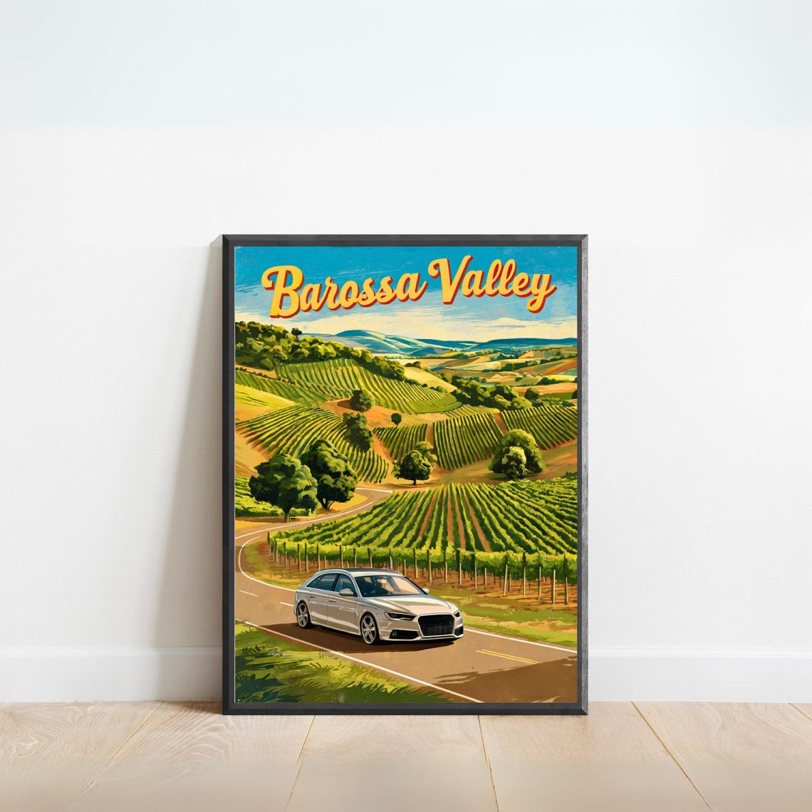 Barossa Valley Vintage Poster with Vineyards and Car on Wine Road