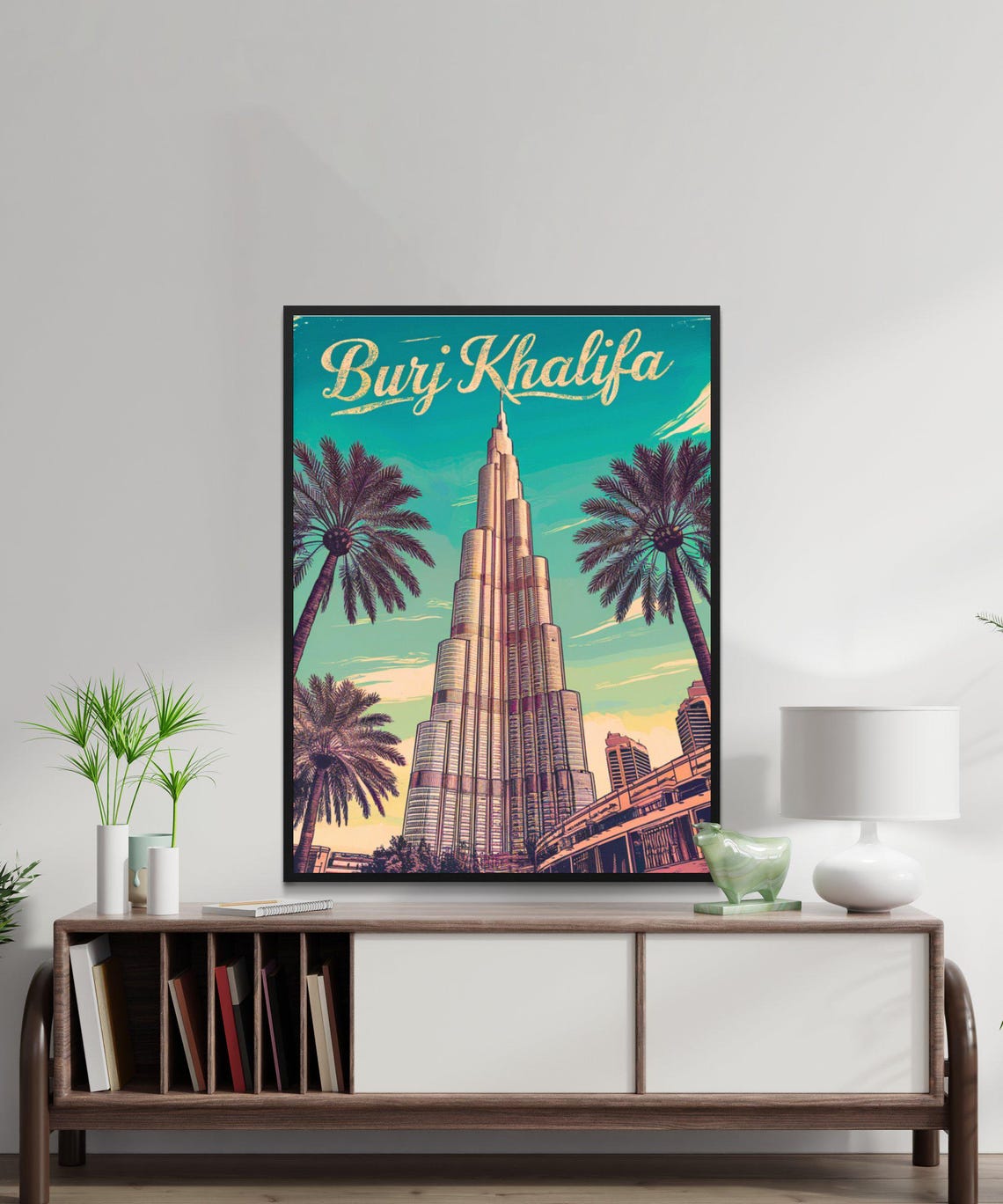 Burj Khalifa Dubai Vintage Tower Palms Skyline Retro Travel Poster - Image 2