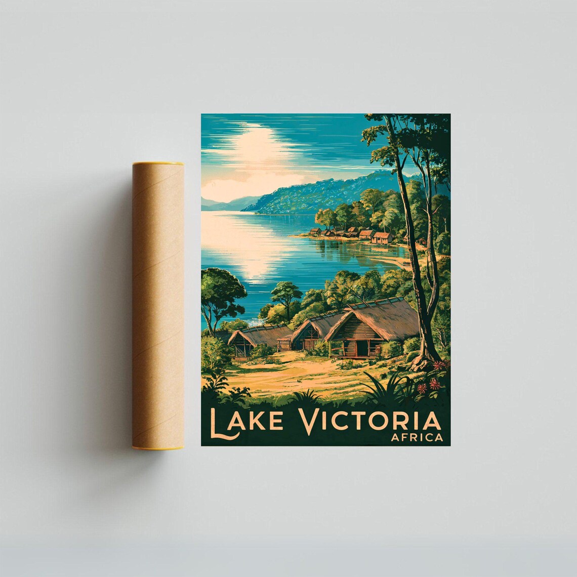 Lake Victoria Africa Lakeside Village Huts Shore View Travel Poster - Image 2