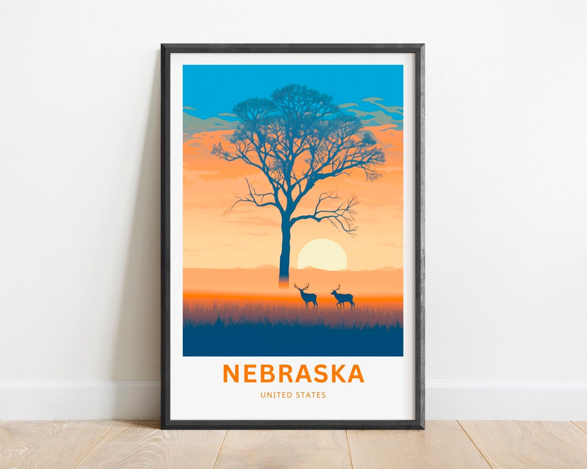 Nebraska Sunset Silhouette Tree with Deer Minimalist Travel Poster