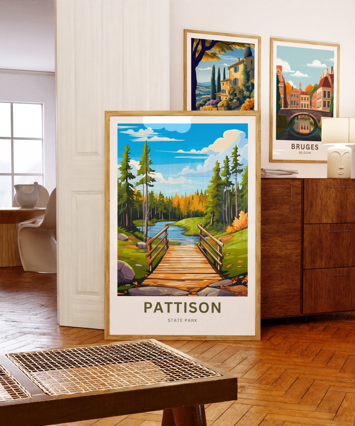 Pattison State Park Wooden Bridge Pine Forest Fall Travel Poster - Image 5