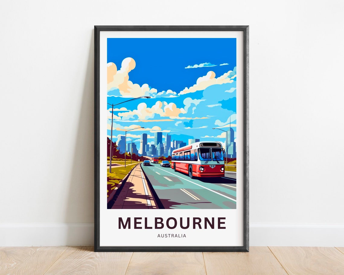 Melbourne Australia Vintage Bus Highway City Skyline Travel Poster
