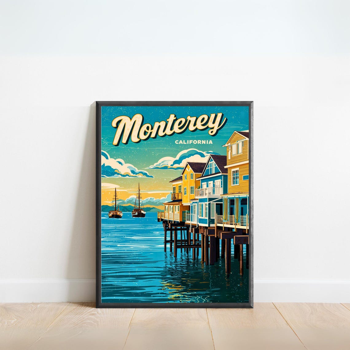 Monterey California Sunset Pier Houses Tall Ships Retro Poster