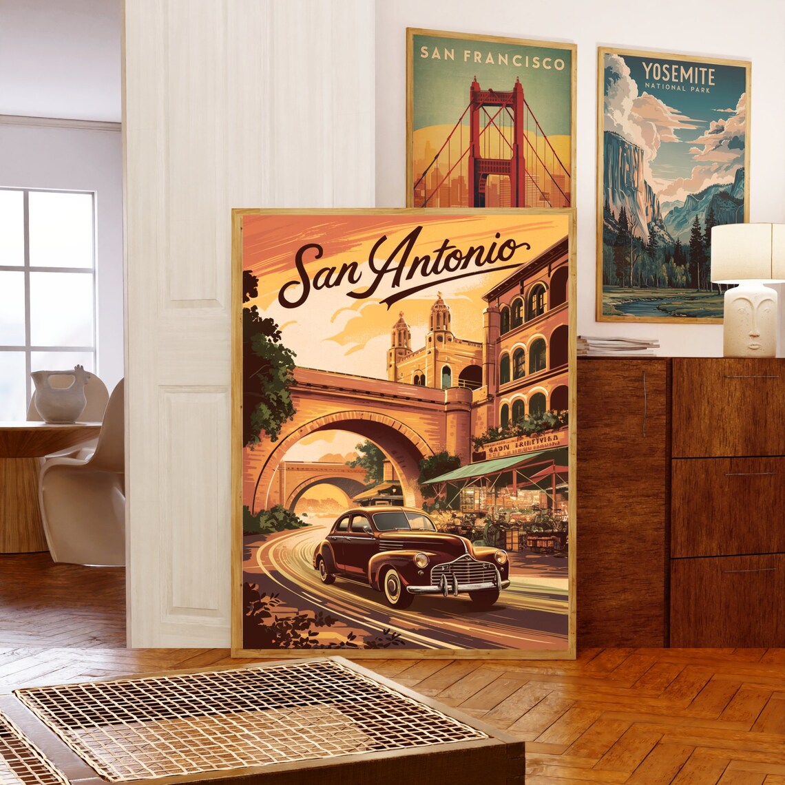 San Antonio Texas Vintage Classic Car Stone Bridge Travel Poster - Image 5