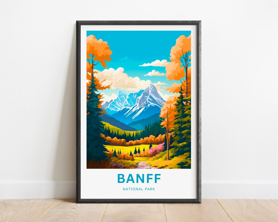 Banff National Park Autumn Valley with Snowy Peaks Travel Poster