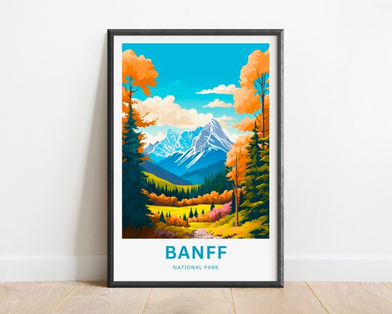 Banff National Park Autumn Valley with Snowy Peaks Travel Poster