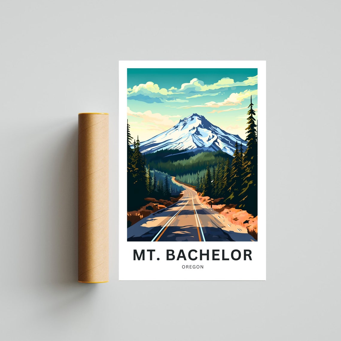 Mt Bachelor Oregon Custom Text Snow Peak Mountain Road Travel Poster - Image 4