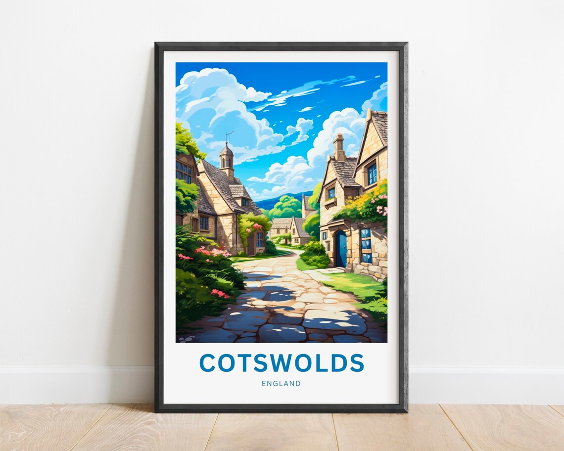 Cotswolds England Cobblestone Lane Cottages Garden Vintage Travel Poster