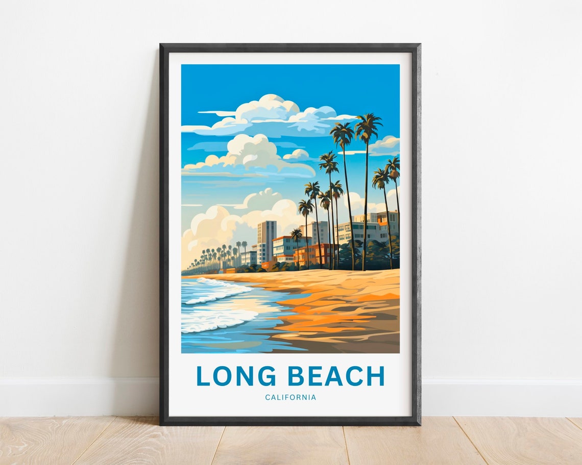Long Beach California Sunny Sandy Beach Palm Shore Scene Poster