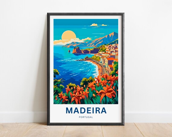 Madeira Portugal Sunset Coast With Red Lilies Travel Art Poster