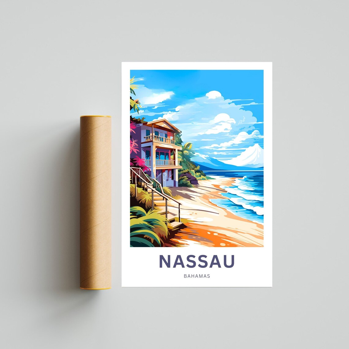 Nassau Bahamas Tropical Beach House Stairs Ocean Shore Travel Poster - Image 3