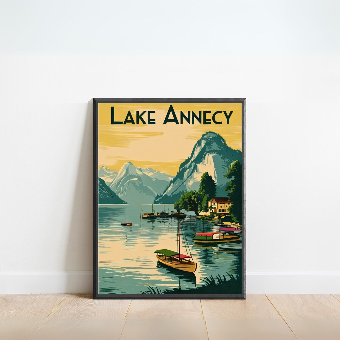 Lake Annecy Golden Sky Sailboat Mountain Shore Vintage Poster