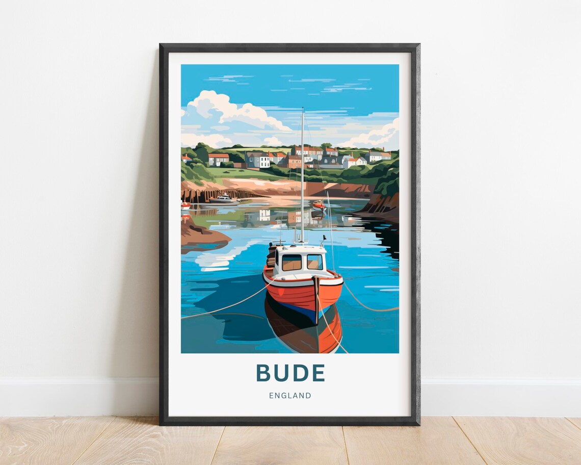 Bude England Harbor Red Fishing Boat Vintage Style Travel Poster
