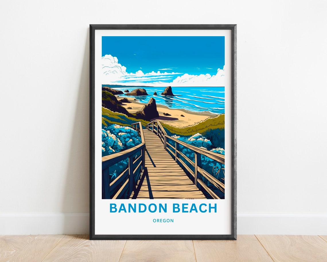 Bandon Beach Oregon Sea Stacks Boardwalk Vintage Travel Poster